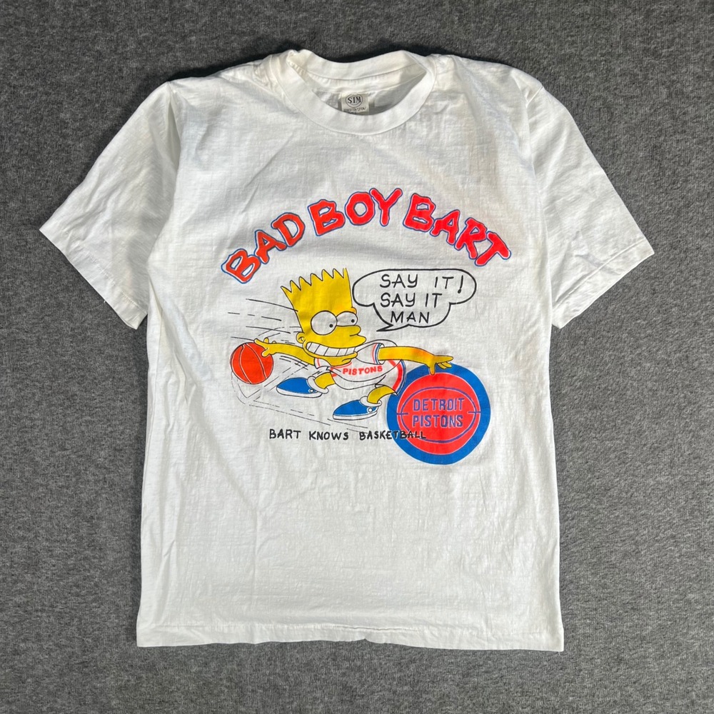 Vintage 90s Bad Boy Bart Simpson Detroit Pistons T-Shirt Large White SIM Tag